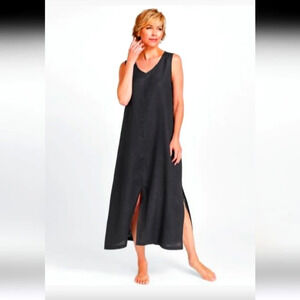 FLAX 100% Linen Dress Long Maxi Tank Lagenlook Boho Sleeveless Slits Black SzS